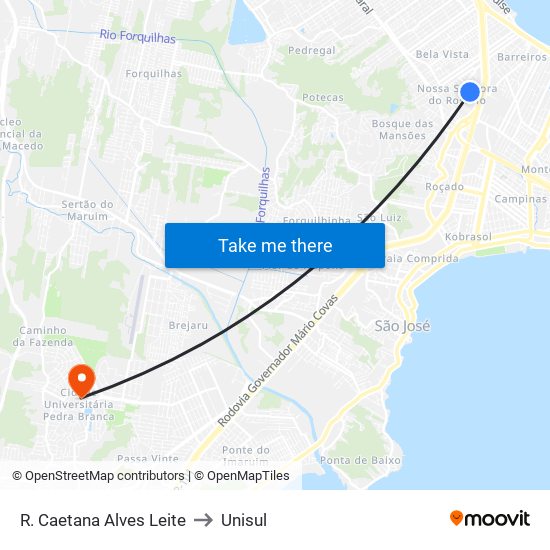 R. Caetana Alves Leite to Unisul map