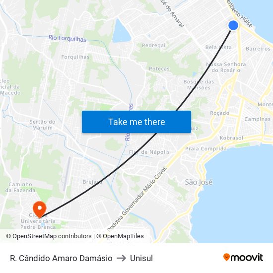 R. Cândido Amaro Damásio to Unisul map