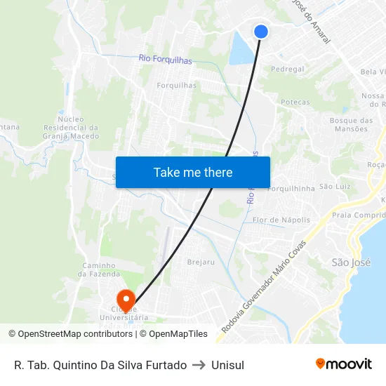R. Tab. Quintino Da Silva Furtado to Unisul map