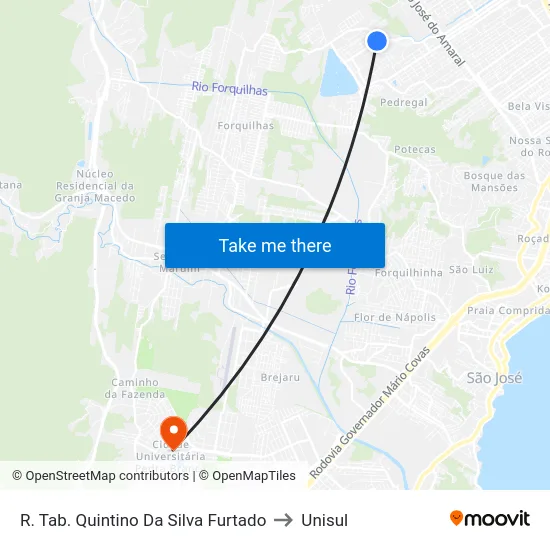 R. Tab. Quintino Da Silva Furtado to Unisul map