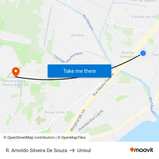 R. Arnoldo Silveira De Souza to Unisul map