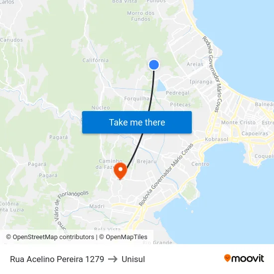 Rua Acelino Pereira 1279 to Unisul map
