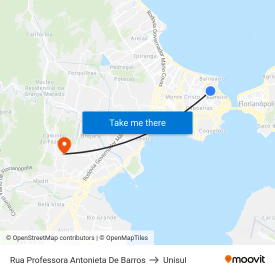 Rua Professora Antonieta De Barros to Unisul map