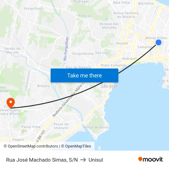 Rua José Machado Simas, S/N to Unisul map
