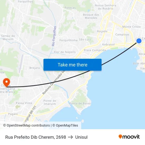 Rua Prefeito Dib Cherem, 2698 to Unisul map