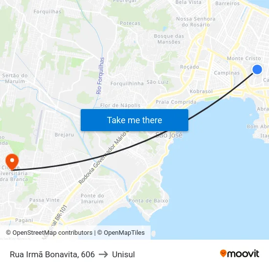 Rua Irmã Bonavita, 616 to Unisul map