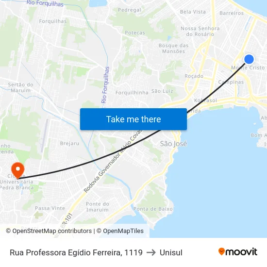 Rua Professora Egídio Ferreira, 1119 to Unisul map