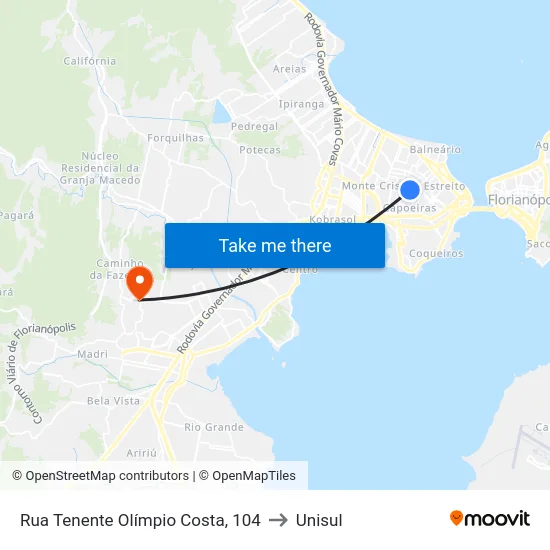 Rua Tenente Olímpio Costa, 104 to Unisul map