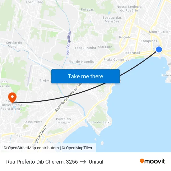 Rua Prefeito Dib Cherem, 3256 to Unisul map