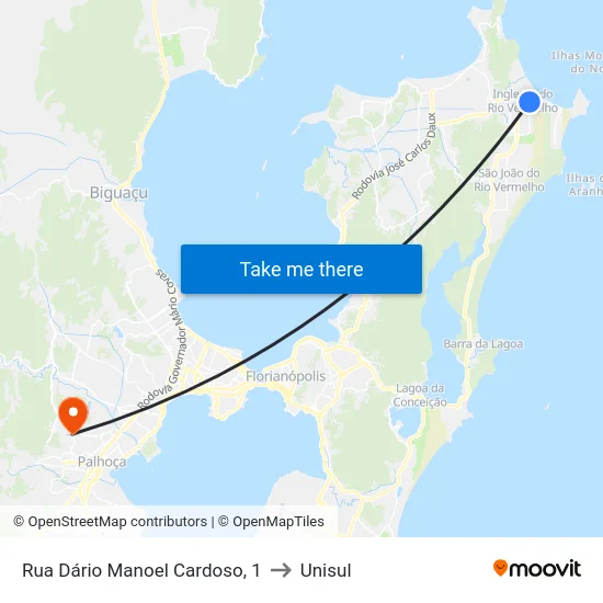 Rua Dário Manoel Cardoso, 1 to Unisul map