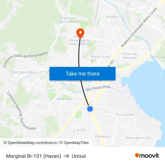 Marginal Br-101 (Havan) to Unisul map
