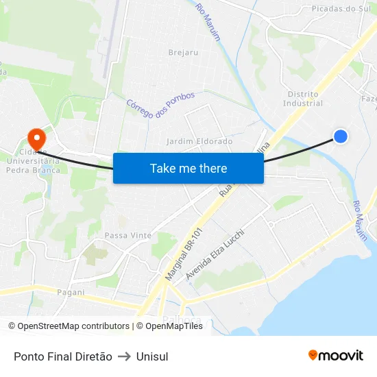 Ponto Final Diretão to Unisul map