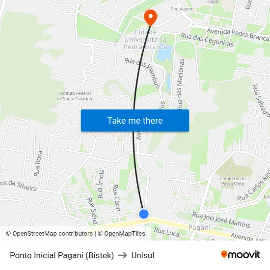 Ponto Inicial Pagani (Bistek) to Unisul map