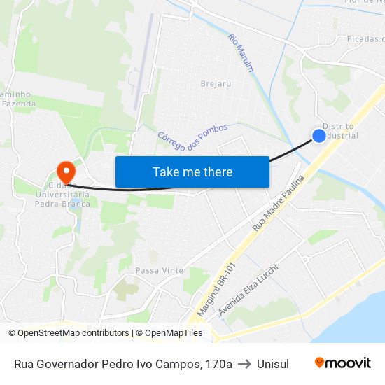 Rua Governador Pedro Ivo Campos, 170a to Unisul map