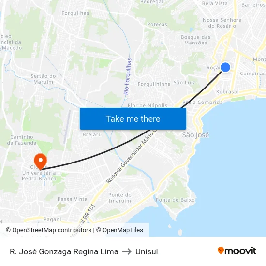 R. José Gonzaga Regina Lima to Unisul map