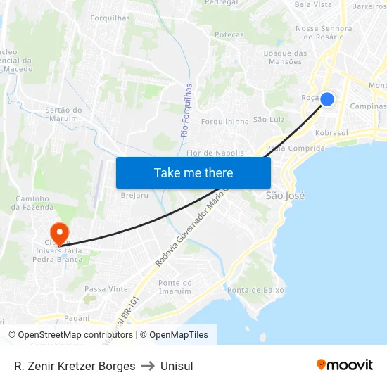R. Zenir Kretzer Borges to Unisul map