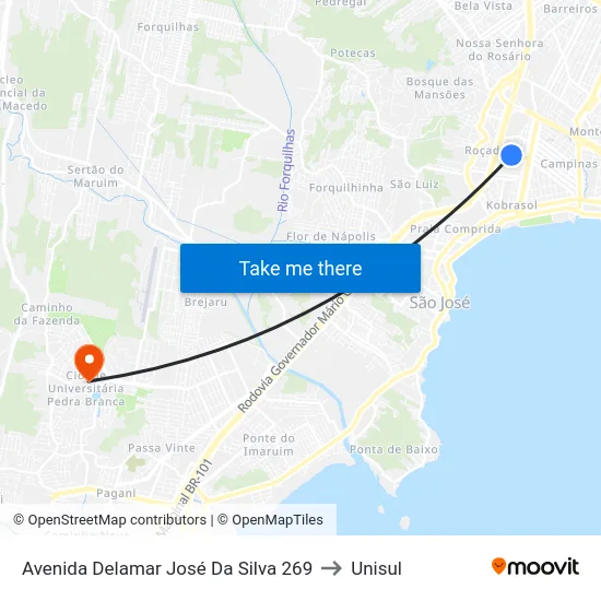 Avenida Delamar José Da Silva 269 to Unisul map