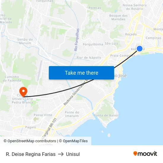 R. Deise Regina Farias to Unisul map