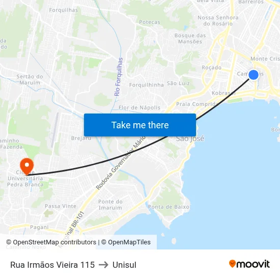 Rua Irmãos Vieira 115 to Unisul map