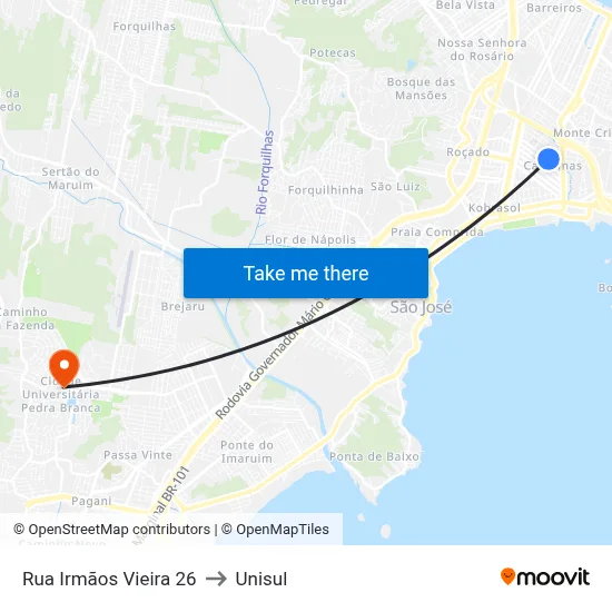 Rua Irmãos Vieira 26 to Unisul map