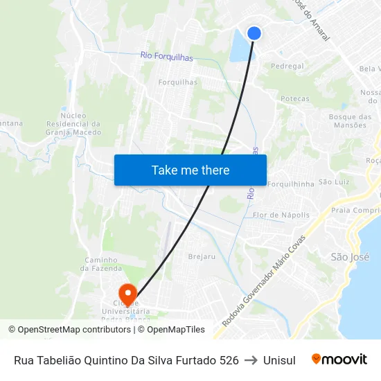 Rua Tabelião Quintino Da Silva Furtado 526 to Unisul map