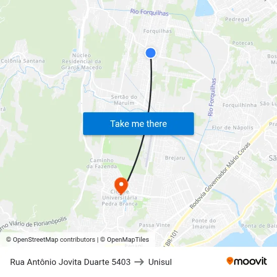 Rua Antônio Jovita Duarte 5403 to Unisul map