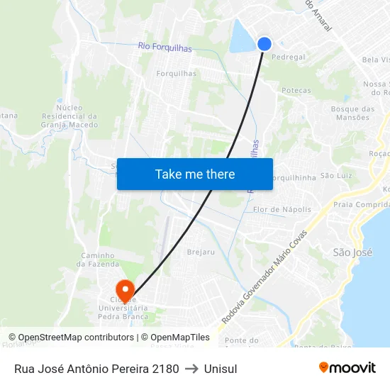 Rua José Antônio Pereira 2180 to Unisul map