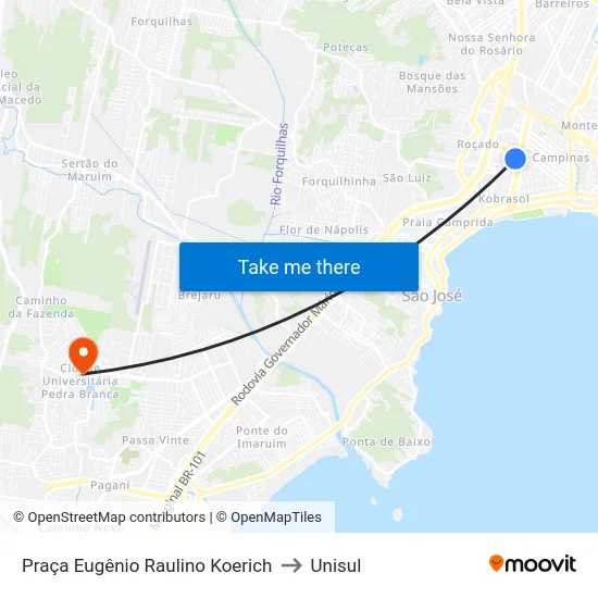 Praça Eugênio Raulino Koerich to Unisul map