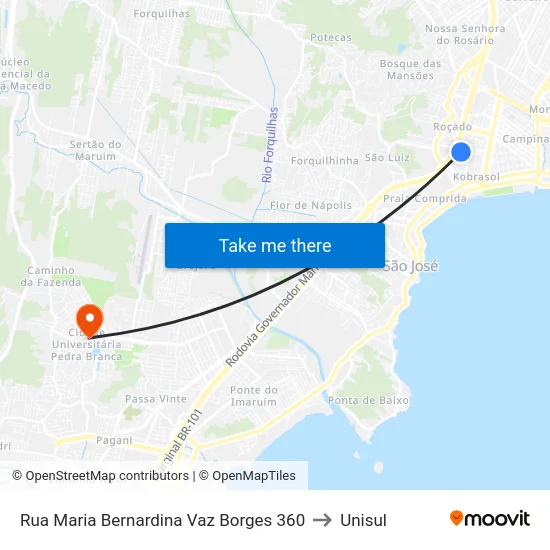 Rua Maria Bernardina Vaz Borges 360 to Unisul map