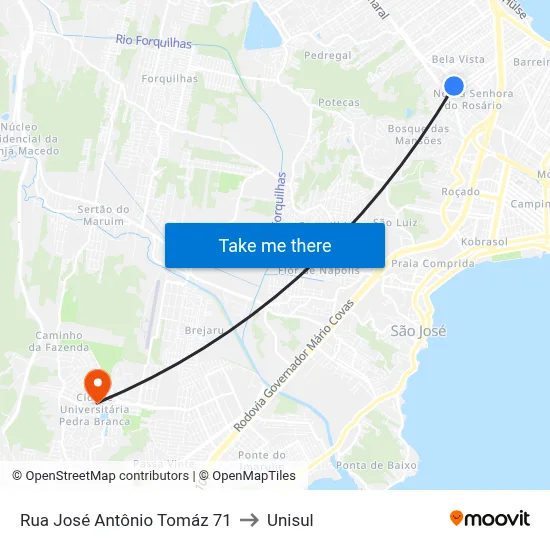 Rua José Antônio Tomáz 71 to Unisul map