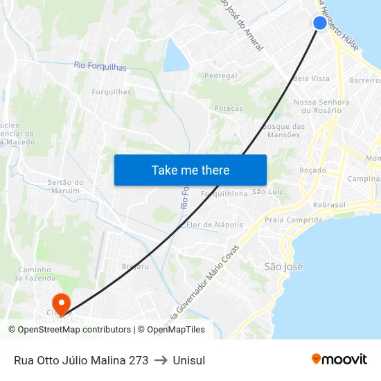 Rua Otto Júlio Malina 273 to Unisul map