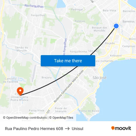 Rua Paulino Pedro Hermes 608 to Unisul map