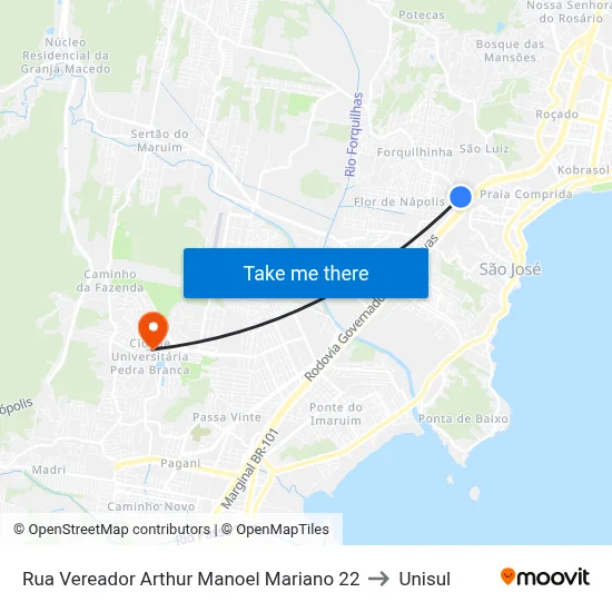Rua Vereador Arthur Manoel Mariano 22 to Unisul map