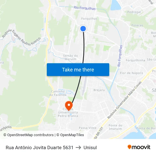 Rua Antônio Jovita Duarte 5631 to Unisul map