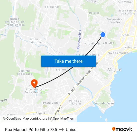 Rua Manoel Pôrto Filho 735 to Unisul map