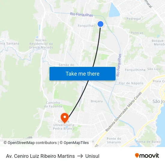 Av. Ceniro Luiz Ribeiro Martins to Unisul map