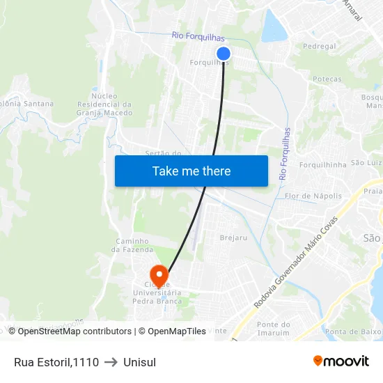 Rua Estoril,1110 to Unisul map