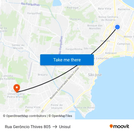 Rua Gerôncio Thives 805 to Unisul map
