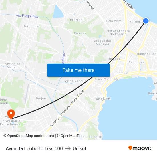 Avenida Leoberto Leal,100 to Unisul map