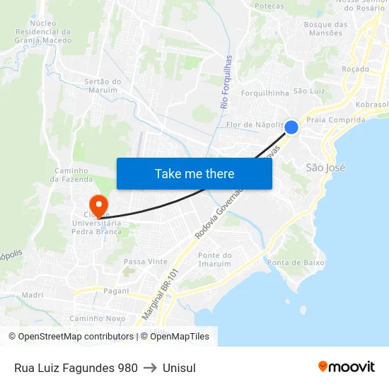 Rua Luiz Fagundes 980 to Unisul map