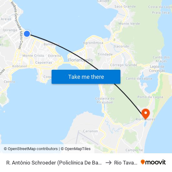 R. Antônio Schroeder (Policlínica De Barreiros) to Rio Tavares map