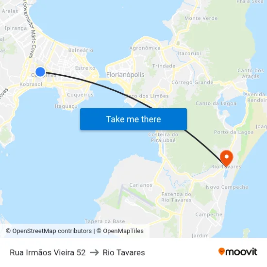 Rua Irmãos Vieira 52 to Rio Tavares map