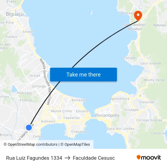 Rua Luiz Fagundes 1334 to Faculdade Cesusc map