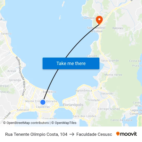 Rua Tenente Olímpio Costa, 104 to Faculdade Cesusc map