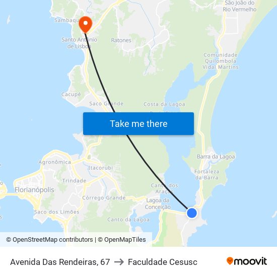 Avenida Das Rendeiras, 67 to Faculdade Cesusc map