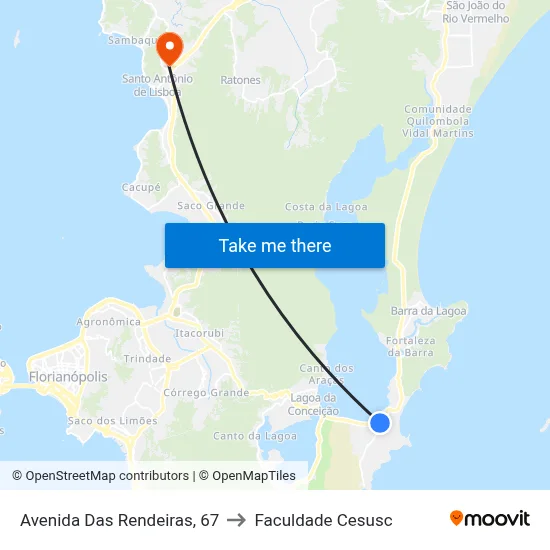 Avenida Das Rendeiras, 67 to Faculdade Cesusc map