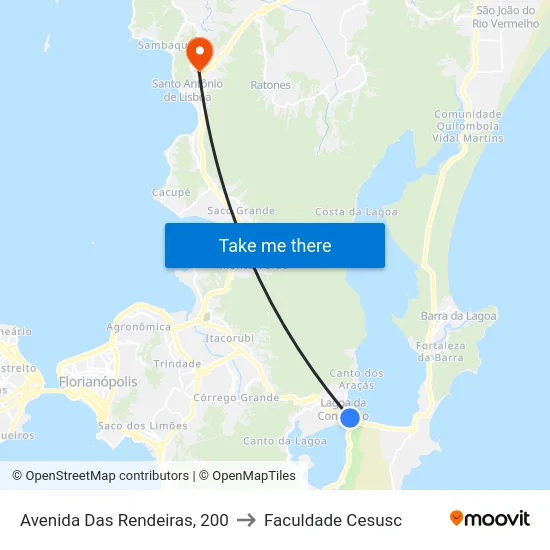 Avenida Das Rendeiras, 200 to Faculdade Cesusc map