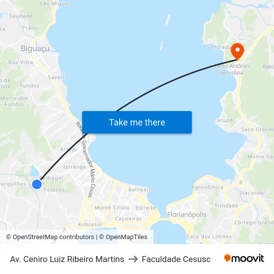 Av. Ceniro Luiz Ribeiro Martins to Faculdade Cesusc map