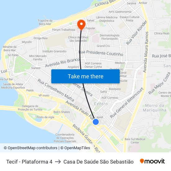 Tecif - Plataforma 4 to Casa De Saúde São Sebastião map