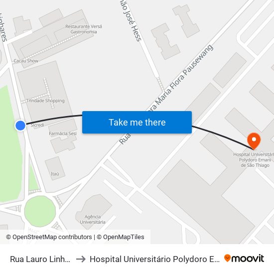 Rua Lauro Linhares, 2123 to Hospital Universitário Polydoro Ernani De São Thiago map